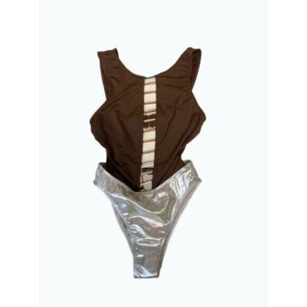 Iconswim Brown and Silver Lame One Piece Swimsuit Small